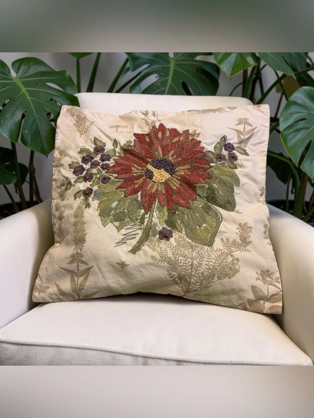 Pottery Barn Floral Crewel Embroidered Throw Pillow Sham Cover Botanical Buttons